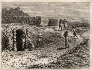 Svovel - En svovelgruve i Girgenti, Sicilia - gravering i 