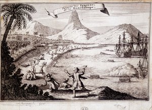 Overraskelse av indianerne ved landingen av Christopher Columbus i Guadeloupe (karaveller) - gravering av Unknown artist