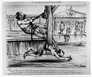 Svømming er en nyttig og sunn trening: en humoristisk øvelse om å lære svømming - Musee Carnavalet, sd, ca 1850 av Unknown artist