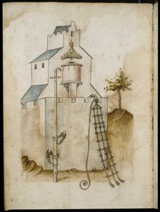 Systemer for å klatre langs vegger - Manuskript: pergamentark av en ingeniørhåndbok for bygging av sivile, religiøse og militære bygninger, anonymt, sent på 1400-tallet (figur med kinesisk blekk) av Unknown artist