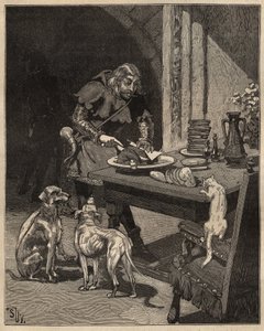 Bordkunst: kutter mat før gaffelen kommer. En mann holder kjøttet med et papirark i den ene hånden og bruker kniven i den andre. Gravering fra 1885 i "" Les arts et metiers illustres"" av Adolphe BITARD. av Unknown artist