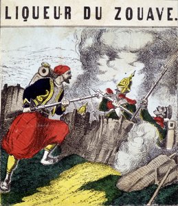 Tag "" Zouave Liqueur"": en Zouave som kjemper mot fiender. n.d. 1800-tallet av Unknown artist