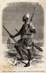 Talibe (en ung student som studerer Koranen) fra hæren til kong Ahmadu (Toucouleur), i en krigsdrakt. Gravering for å illustrere reisen til Vest-Sudan til løytnant (Marine) M.Mage, i 1863-1866, publisert i «Le tour du monde, nouveau journal des voyage av Unknown artist