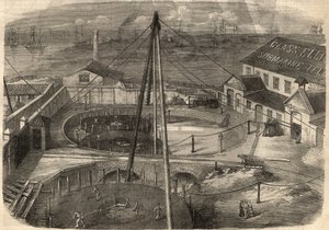 Telegrafi: Den transatlantiske kabelen produsert ved glassfabrikken, Elliot and Company i East Greenwich (England) er klar til å bli levert. Gravering i "" The Illustrated London News"" av 14. mars av Unknown artist