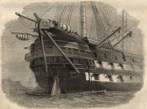 Telegrafi: utsikt over akterenden av skipet H.M.S. "Agamemnon"" som skal legge den første transatlantiske kabelen. Gravering i "" The Illustrated London News"" av 5. juni av Unknown artist