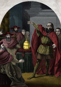The Antipope John XXIII (Antipapa Giovanni 23) (1410-1415) (Baldassarre Cossa) was proclaimed sovereign pontiff by the Council of Pisa in 1410. Engraving from 1842 in “Histoire des popes”” by Maurice Lachatre. Private collection. av Unknown artist