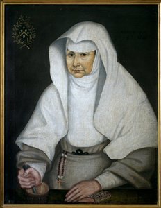 Apotekersøsteren Pierrette Monnet (1557-1628), på Hotel Dieu de Beaune. Representert med en morter og hans støder har hånden. Anonymt maleri, olje på lerret av Unknown artist