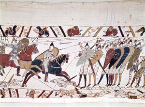 Slaget ved Hastings, vunnet av Erobreren Vilhelm I (1027 - 1087) 14.10.1066 og hvor kong Harold II av England døde (1022 - 1066). Bayeux-teppe, kjent som Broderi av Dronning Mathilde av Unknown artist