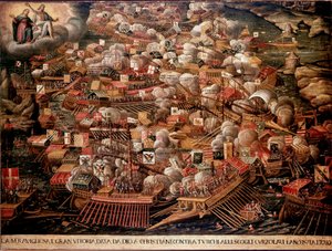 Slaget ved Lepante utenfor kysten av Hellas motarbeidet en spansk, venetiansk og pavestyrke til ottomanerne i 1571. Anonymt maleri. Det 16. århundre. Venezia Museo Correr av Unknown artist