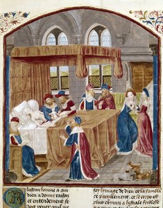 The Birth of Jules Cesar - Miniatyr hentet fra Facts of the Romans av Jules Cesar a Domitian, tekster av Lucan (39-65), Suetone (70-122) og Salluste (86-34 f.Kr.) av Unknown artist