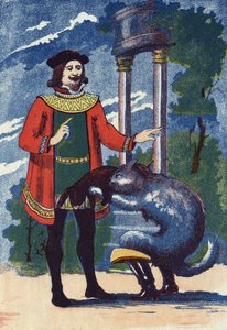 Boot Cat tilbyr en kanin til kongen. Illustrasjon for "" Le chat Botte"", fortelling av Charles Perrault (1628-1703), fransk forfatter. Anonym illustrasjon. Bilder Marcel Vagne, Jarville Nancy, udatert (slutten av 1800-tallet). av Unknown artist