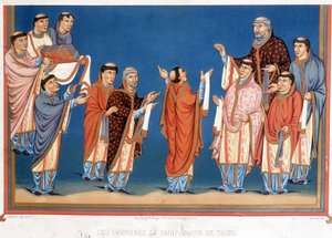 The Canons of Saint Martin of Tours tilbyr kong Charles the Bald en bibel skrevet i deres kloster av Unknown artist