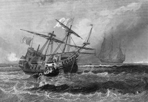 The Corbin lost on the reef in the Maldives Islands on 1 July 1602. In “” General History of the Navy”” by Van Tenac av Unknown artist