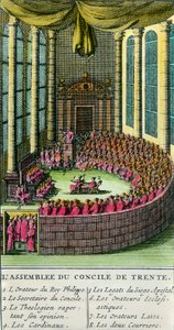 Konsilet i Trent. Illustrasjon med beskrivelse av medlemmene tilstede på forsamlingen. Konsilet i Trent ble innkalt av pave Paul III (representant for den romersk-katolske kirke) i 1545, som svar på forespørsler fra Martin Luther i f. av Unknown artist