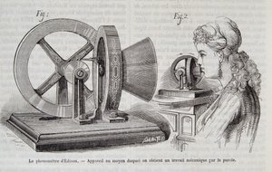Edison-fonometeret - enhet ved hjelp av hvilken et mekanisk verk oppnås ved tale i "" Nature"" 1878. av Unknown artist