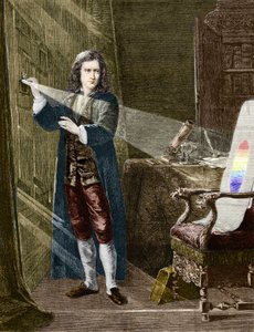The English physicist Isaac Newton (1642-1727) decomposing light with a prism of glass. Engraving from 1880. av Unknown artist