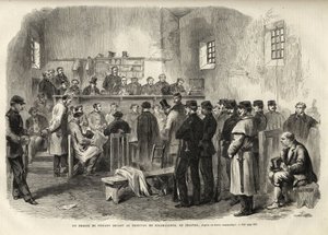 The Fenian Insurrection, inquest on Mr Cleary in the Courthouse at Kilmallock - 1867 - En rettssak mot fenianere for Court of Kilmallock i Irland - 1867 - gravering fra "The Illustrous Universe" fra 1867 av Unknown artist