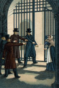 The Four Sergeants (Bories, Pomier, Raoulx and Goudin) of La Rochelle accused under the Restoration of wanting to overthrow the monarchy and guillotines in 1822. Their crime is to belong to the Charbonnerie (Carboneria). av Unknown artist