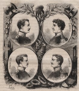 The Four Sergents (Jean Francois Bories (1795-1822), Jean Joseph Pommier (1796-1822), Marius Claude Raoulx (1797-1822)) and Charles Goubin (1798-1822) of La Rochelle accused under the Restoration of wanting to overthrow the monarchy and guillotines in 1822 av Unknown artist
