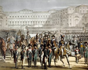 Den franske generalen og kongen av Napoli Gioacchino (Joachim) Murat (1767-1815) anmelder den cisalpine militsen foran Villa Reale de Monza 07.08.1801. Gravering Museo del Risorgimento, Milano av Unknown artist