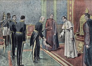 Den franske ambassadøren Jonnart overrekker sine akkreditiver til pave Benediktus XV (1914–1922). Illustrasjon fra «Le pelerin» juni 1921. av Unknown Artist