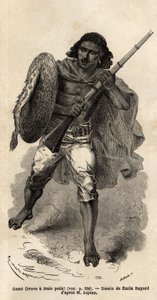 The Game, eller modig har tre hår, abyssinisk våpensoldat. Gravering for å illustrere turen til Abessinia, i 1862 av Guillaume Lejean, i "Le tour du monde, nouveau journal des voyages"" utgitt under ledelse av Edouard Charton av Unknown artist
