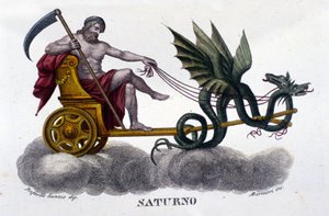 Guden Saturn (eller Cronos) på en tank avfyrt av to drager. Fra en illustrasjon av Raffaello Sanzio. Gravering fra 1800-tallet. av Unknown artist