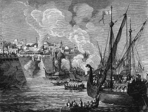 The Greek fire used by the besiegers and the besieged at the siege of Constantinople by Muhammad II in 1453. In” Album de la Science””, Éditions Jouvet av Unknown artist