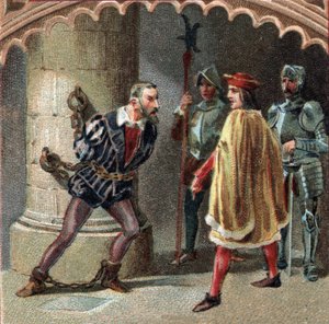 Kongen av Frankrike Louis XII har Ludovic Marie Sforza, kjent som More (Ludovico Maria Sforza detto il Moro) (1452-1508) innelåst i slottet Loches, i Touraine. Kromolitografi fra slutten av 1800-tallet av Unknown artist