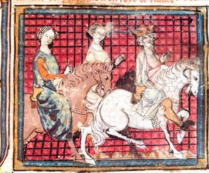 Kongen av francene Chilperic I (543-597) og Fredegonde en hesteminiatyr fra "" Grandes Chronicles de France"" 1375-1379 kommunale bibliotek, Castres av Unknown artist