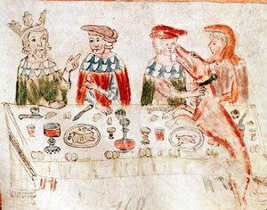 Kongen av francene Pepin III the Brief (714-768) og hans sønn Charlemagne på en miniatyrbankett fra et manuskript fra 1100-tallet. Venezia. Biblioteca nazionale marciana. av Unknown artist
