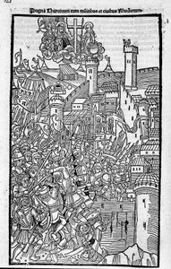 Knights of Rhodes (Ordenen av Hospitallers of St. John of Jerusalem) angriper Rhode Island i "" Rhodiorum Historia"" av Guilelmus Caorsin, Ulmae, Joh. Reger 24. oktober av Unknown artist
