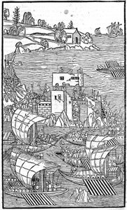 Knights of Rhodes (Ordenen av Hospitallers av St. John of Jerusalem) angriper Rhode Island i "" Rhodiorum History"" av Guilelmus Caorsin, Ulmae, Joh. Regjeringen oktober av Unknown artist