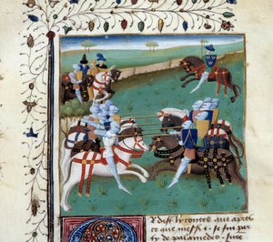 Knights of the Round Table som deltar i en ridderlig turnering. Miniatyr fra manuskriptet "The novel of Tristan" av Master Charles of Maine av Unknown artist