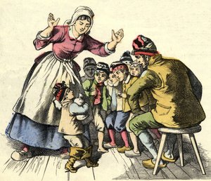 Den lille Poulet og brødrene hans drar hjem til foreldrene hans. Illustrasjon av historien "" Le Petit Poucet"" av Charles Perrault av Unknown artist