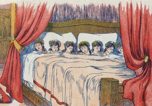 Den lille tommelen og brødrene hans sover, kronen i hodet hans. Illustrasjon for "" Le Pepetit poucet"", fortelling av Charles Perrault (1628-1703), fransk forfatter. Anonym illustrasjon. Bilder Marcel Vagne, Jarville Nancy, udatert (slutten av 1800-tallet av Unknown artist
