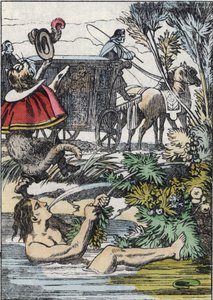 Marquis de Carabas later som om han drukner mens støvelkatten roper på hjelp. Illustrasjon av historien "The cat botte" av Charles Perrault av Unknown artist