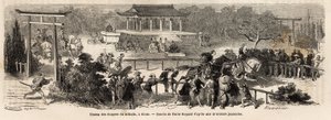 Mikado (keiseren av Japan) eierfelt i Kioto (eller Kyoto), trenings- og treningsbane for keiserlige hester. Gravering for å illustrere reisen til Japan, i 1863-1864, av Aime Humbert, minister for det sveitsiske konføderasjonen, i "Le tour du monde, nouveau av Unknown artist