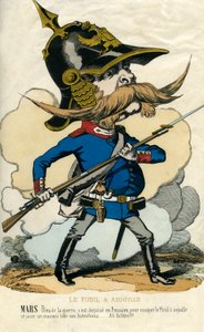 Nålgeværet - Portrett av Otto Von Bismarck (1815-1898) Preussens kansler - Mars, krigsguden, skuffet seg selv som prøysser for å prøve nålgeværet og spille østerrikerne et dårlig triks... Karikatur