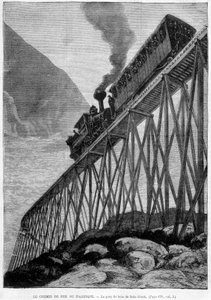 Pacific Railway på Dale Creek Wood Bridge - gravering, sent på 1800-tallet av Unknown artist