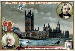The Palace of Westminster, eller Parliament of London (England), med portretter av William Ewart Gladstone (1809-1898) og Benjamin Disraeli, Lord Beaconsfield (1804-1881) - Liebig-kromolitografi av Unknown artist