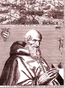 Pave Pius V inngår allianse med den spanske flåten og Venezias italienske flåte mot tyrkerne i slaget ved Lepante i oktober 1571 av Unknown artist