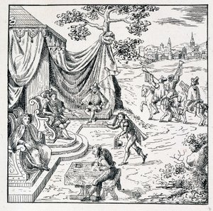 Prinsen av Condé innhentet fra Charles IX (1550-1574) en redigering som tillot kalvinistene å utøve sin religion i kongeriket (Peace of St Germain signert 08/08/1570) - i "" samling av 39 figurer som representerer ulykker i Frankrike fra av Unknown artist