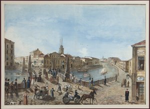 Den røde broen over Moika-elven i St. Petersburg - Anonym. Akvarell og hvit farge på papir av Unknown artist