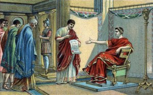 Den romerske keiseren Konstantin (272-337) etablerte de første religiøse lovene angående likestilling av tro. Kromolitografi fra slutten av 1800-tallet. av Unknown artist