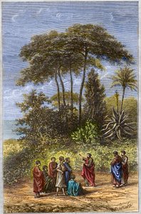 The School of Pythagoras - Pythagoras blant hans elever i Crotona - gravering 1879 - Filosofen Pythagoras og hans disipler under skyggeleggingen av Crotone, gravering av 1879 av Unknown artist
