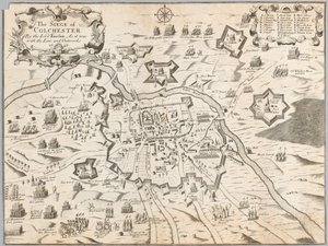 The Siege of Colchester av Lord Fairfax, slik det var med linjen og utbyggene 1648 (gravering) av Unknown artist