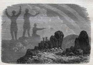 The Spectre of the Brocken in the Harz Mountains - Brocken spectrum eller Brocken spectrum - gravering fra 1877 av Unknown artist