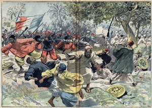 The Sudanese troops of Samory Toure (circa 1835-1900) were placed behind the banks of the Cavalby River by a French colony under Lieutenant Walfel. Sudan, 9 September 1898. Illustration in “” Le Pelerin”” of October 9 av Unknown artist