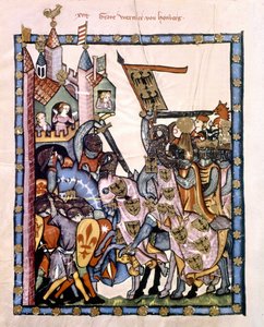 Den sveitsiske poeten og ridderen Graf Werner von Homberg (1284-1320) i tjeneste for keiser Henry VII beleiret en høyborg forsvart av Angevine-troppene på Sicilia. Miniatyr av Codex "Manesse", eller "Manessesche Liederhandschrift", som er et manuskript av Unknown artist